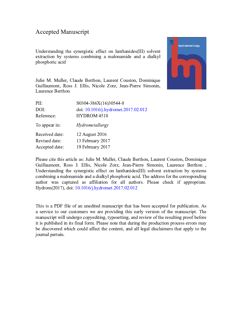 Understanding the synergistic effect on lanthanides(III) solvent extraction by systems combining a malonamide and a dialkyl phosphoric acid