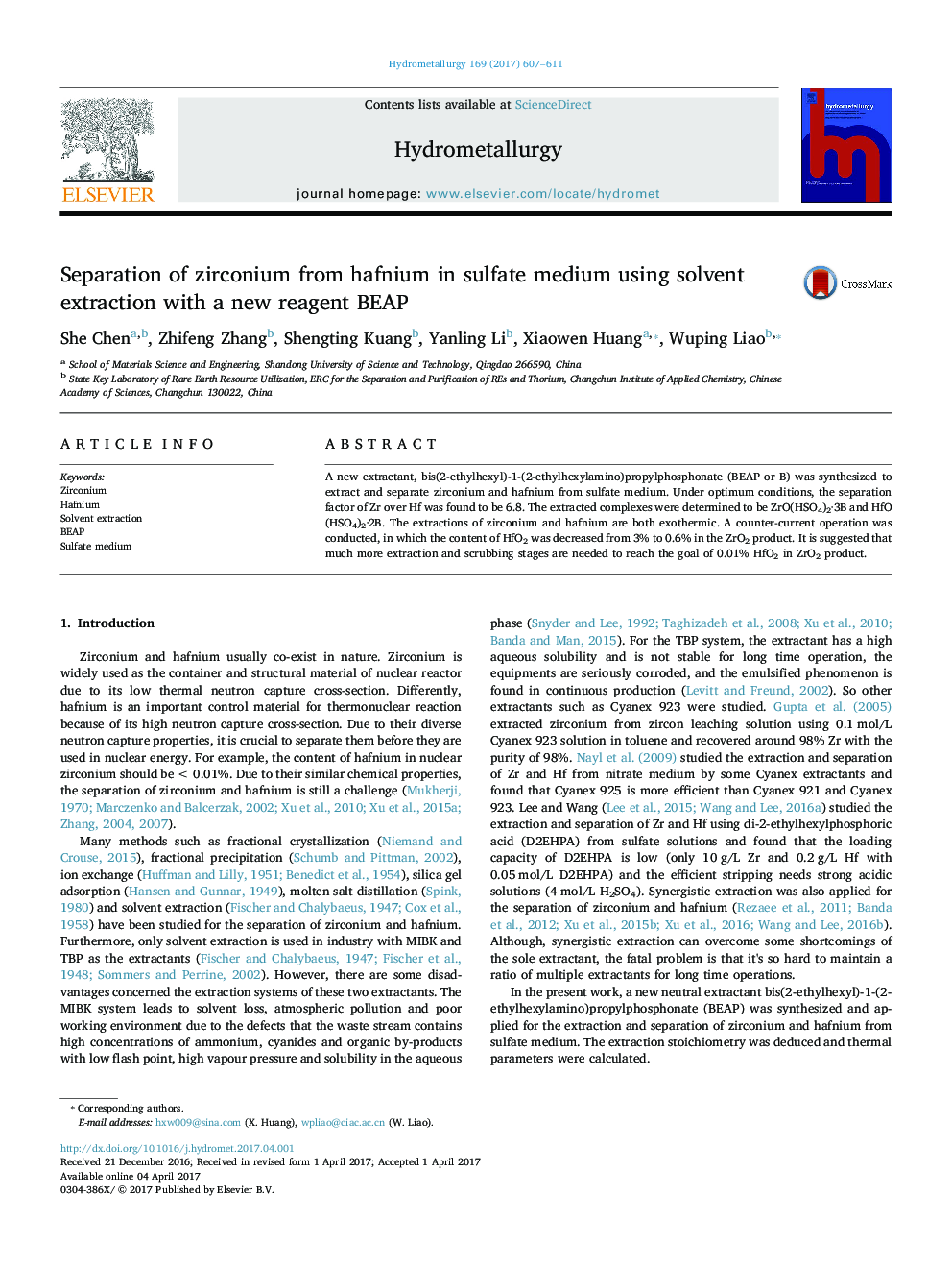 Separation of zirconium from hafnium in sulfate medium using solvent extraction with a new reagent BEAP