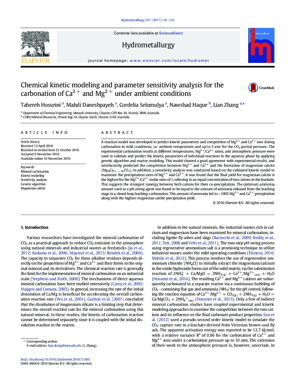 Chemical kinetic modeling and parameter sensitivity analysis for the carbonation of Ca2 + and Mg2 + under ambient conditions