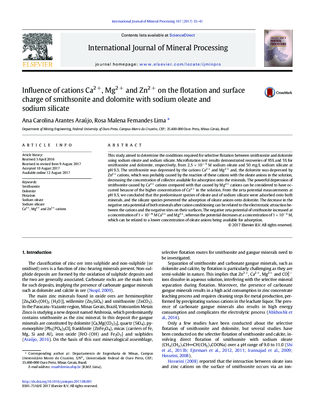 Influence of cations Ca2Â +, Mg2Â + and Zn2Â + on the flotation and surface charge of smithsonite and dolomite with sodium oleate and sodium silicate