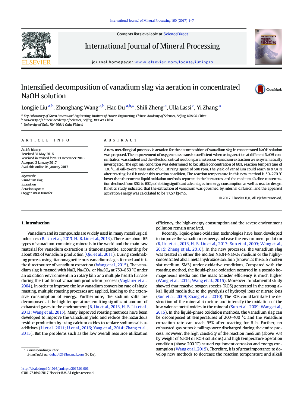 Intensified decomposition of vanadium slag via aeration in concentrated NaOH solution