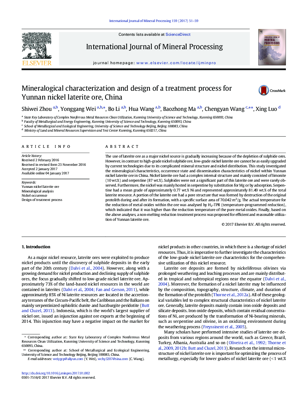 Mineralogical characterization and design of a treatment process for Yunnan nickel laterite ore, China