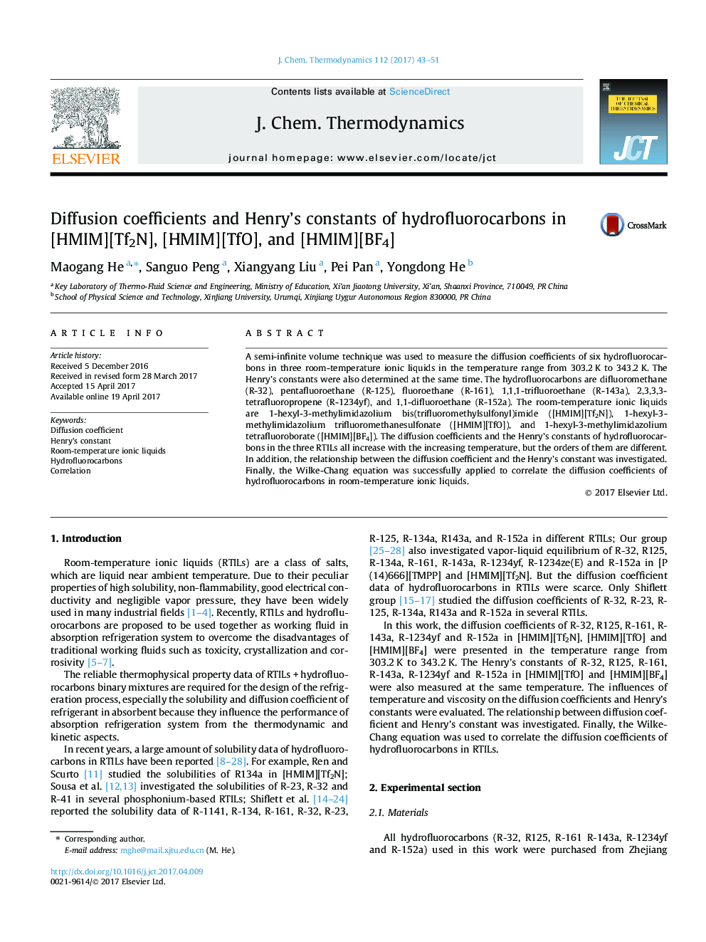 Diffusion coefficients and Henry's constants of hydrofluorocarbons in [HMIM][Tf2N], [HMIM][TfO], and [HMIM][BF4]