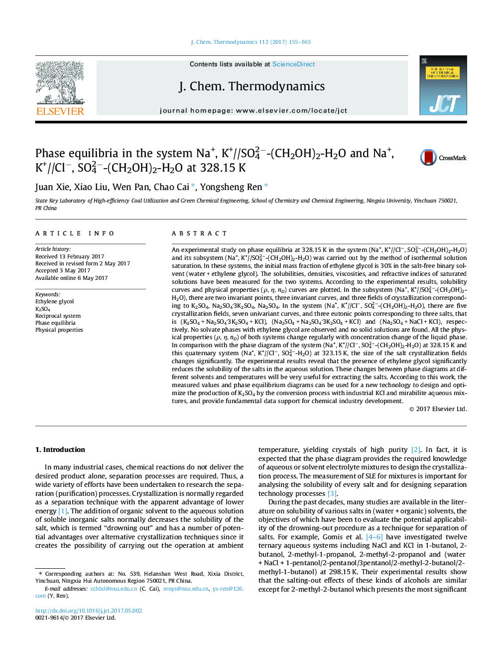 Phase equilibria in the system Na+, K+//SO42â-(CH2OH)2-H2O and Na+, K+//Clâ, SO42â-(CH2OH)2-H2O at 328.15Â K