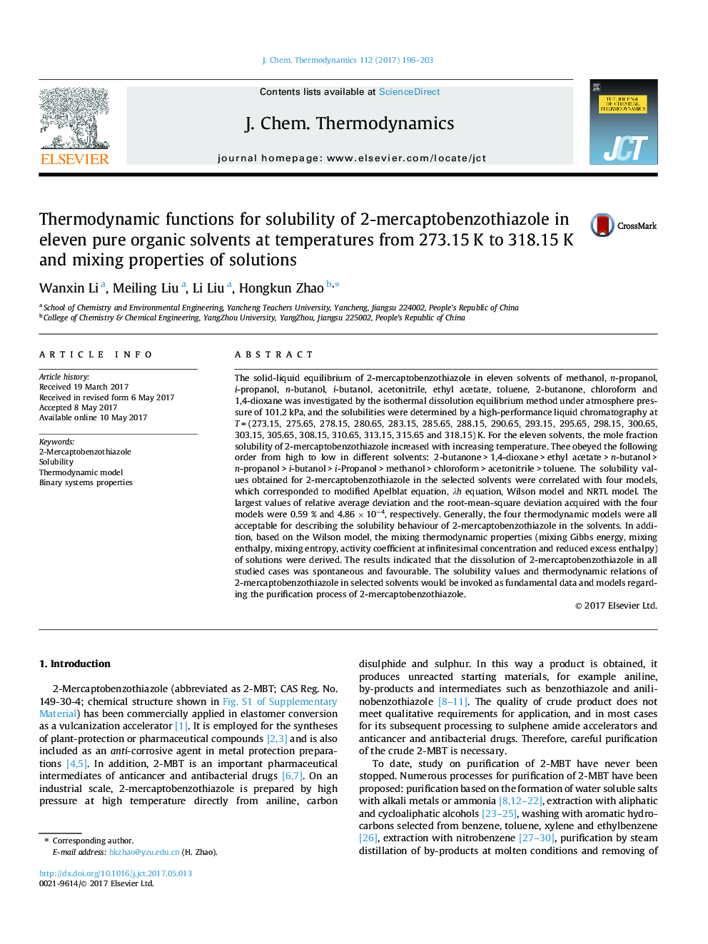 Thermodynamic functions for solubility of 2-mercaptobenzothiazole in eleven pure organic solvents at temperatures from 273.15Â K to 318.15Â K and mixing properties of solutions