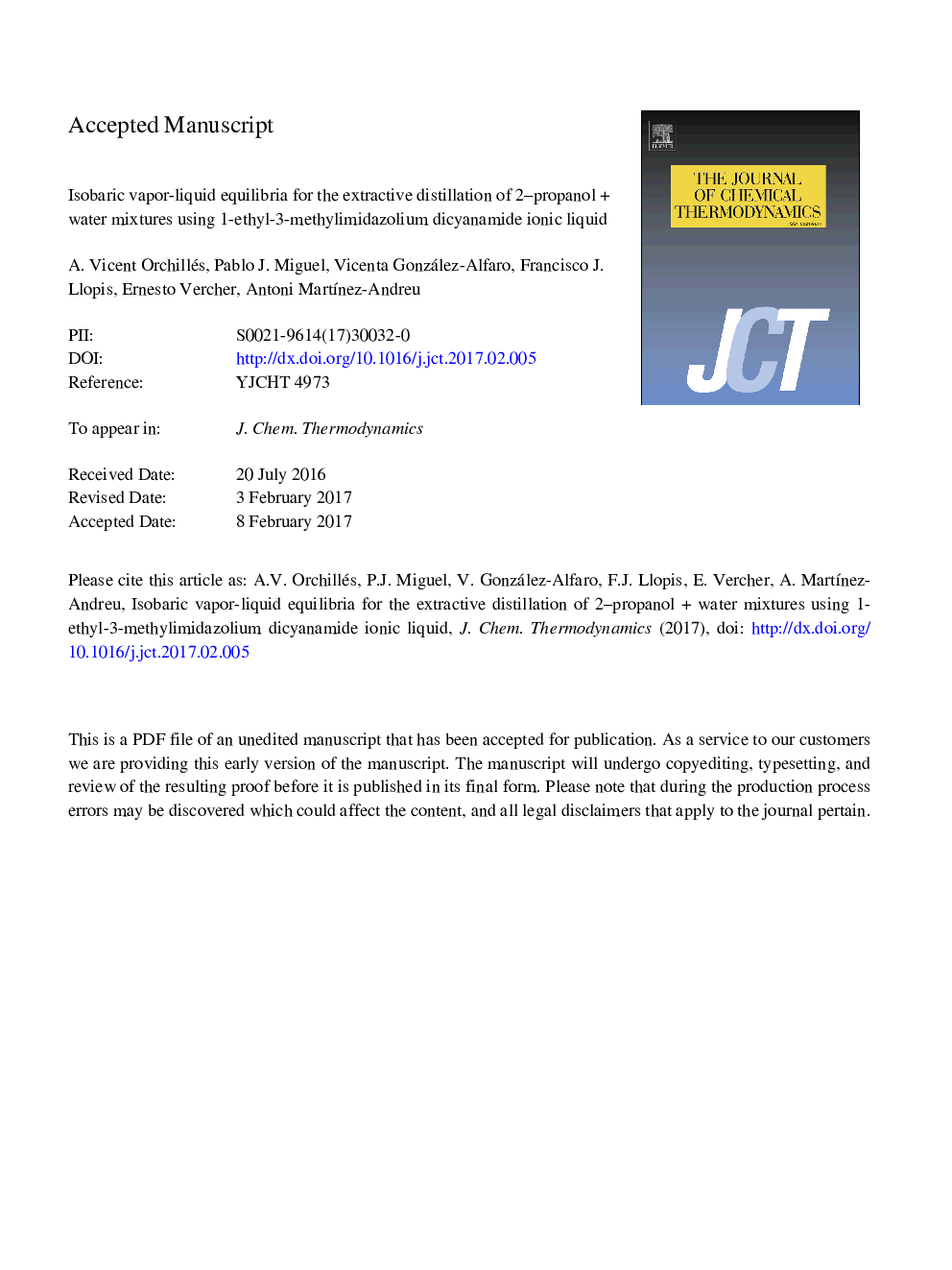 عکس صفحه اول مقاله: Isobaric vapor-liquid equilibria for the extractive distillation of 2-propanol + water mixtures using 1-ethyl-3-methylimidazolium dicyanamide ionic liquid Isobaric vapor-liquid equilibria for the extractive distillation of 2-propanol + water mixtures using 1-ethyl-3-methylimidazolium dicyanamide ionic liquid