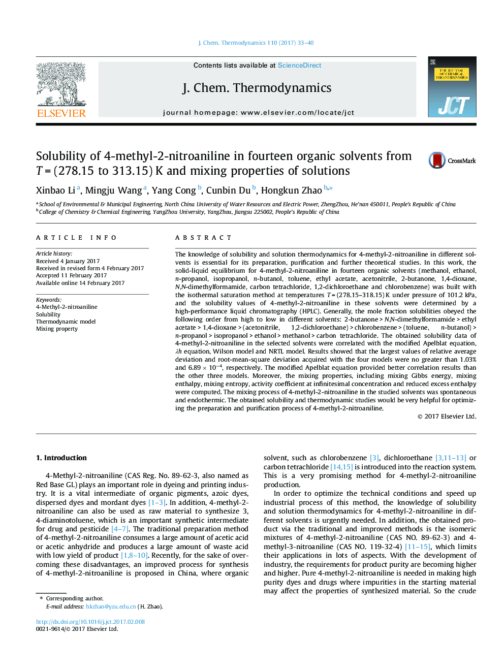 Solubility of 4-methyl-2-nitroaniline in fourteen organic solvents from TÂ =Â (278.15 to 313.15)Â K and mixing properties of solutions