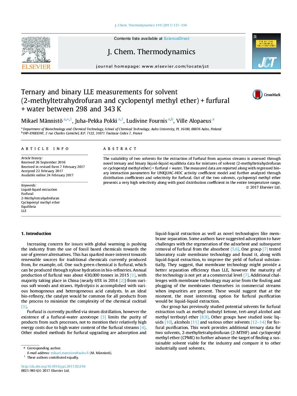 Ternary and binary LLE measurements for solvent (2-methyltetrahydrofuran and cyclopentyl methyl ether)Â +Â furfuralÂ +Â water between 298 and 343Â K