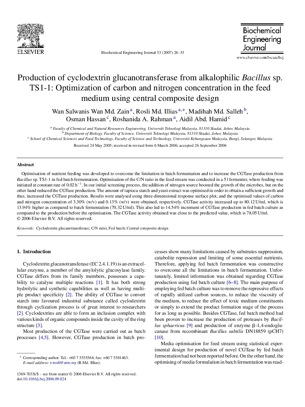 Production of cyclodextrin glucanotransferase from alkalophilic Bacillus sp. TS1-1: Optimization of carbon and nitrogen concentration in the feed medium using central composite design