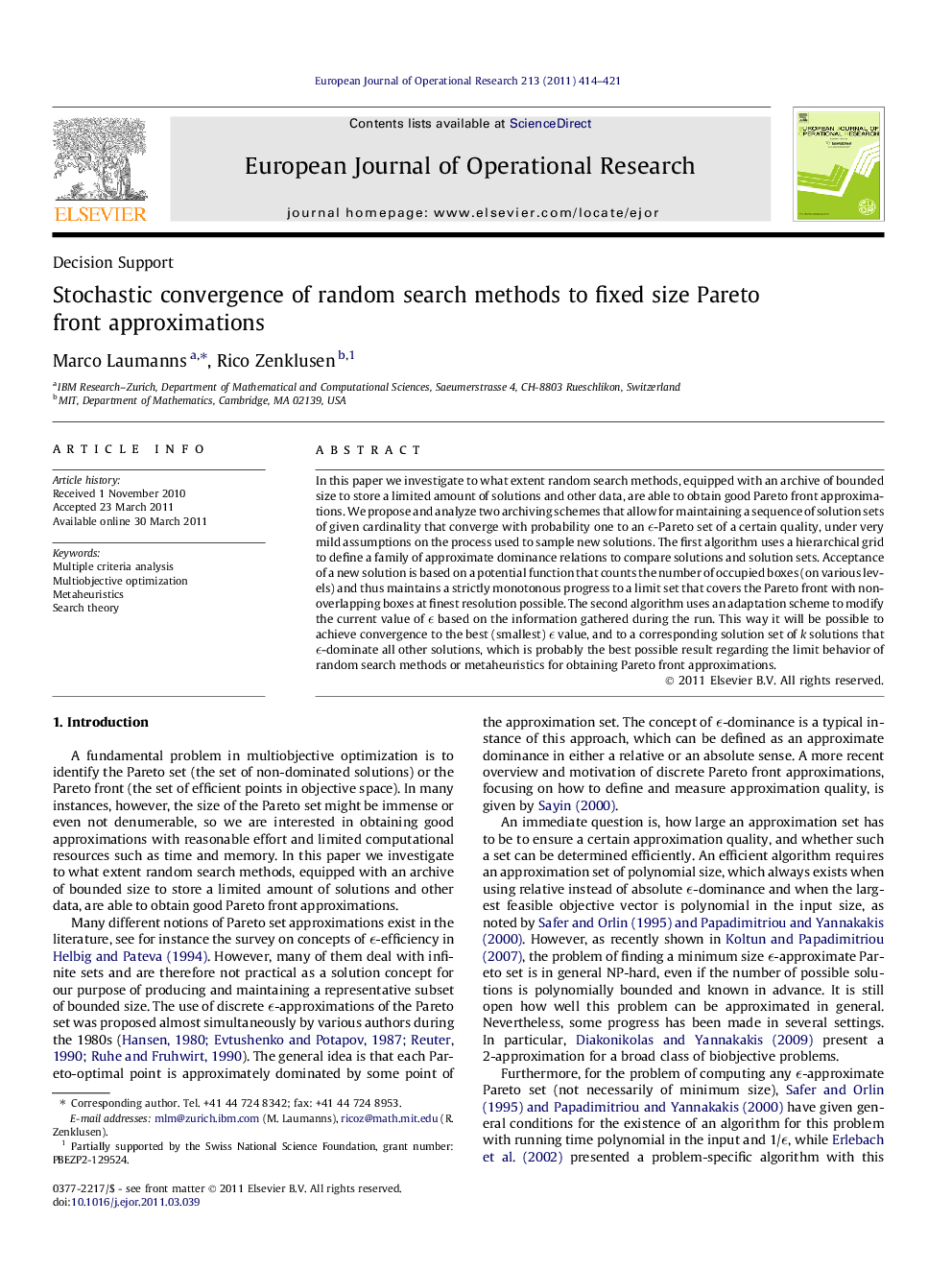 Stochastic convergence of random search methods to fixed size Pareto front approximations