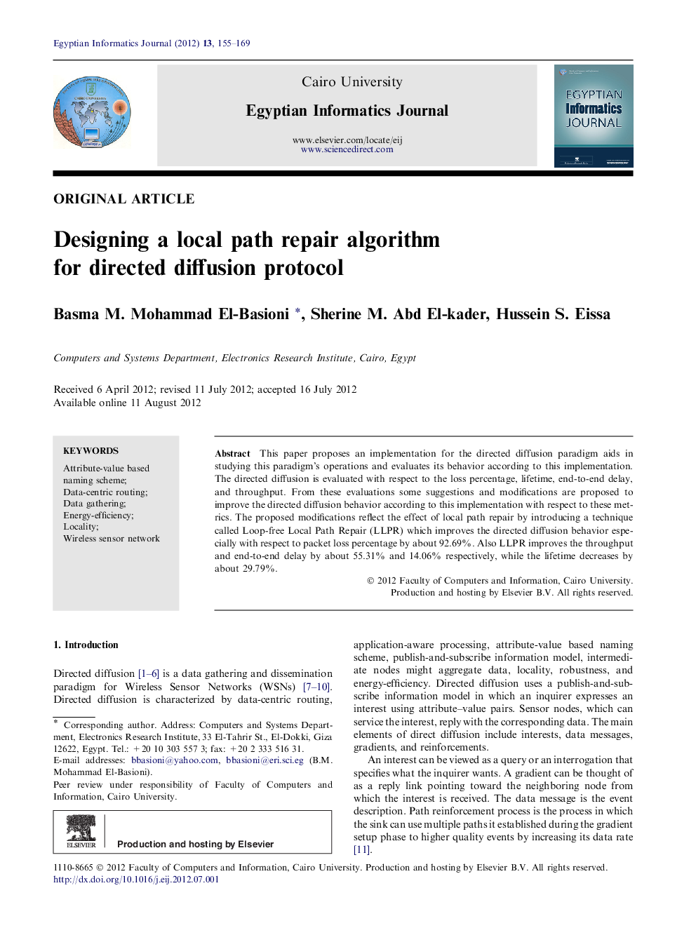 Designing a local path repair algorithm for directed diffusion protocol 