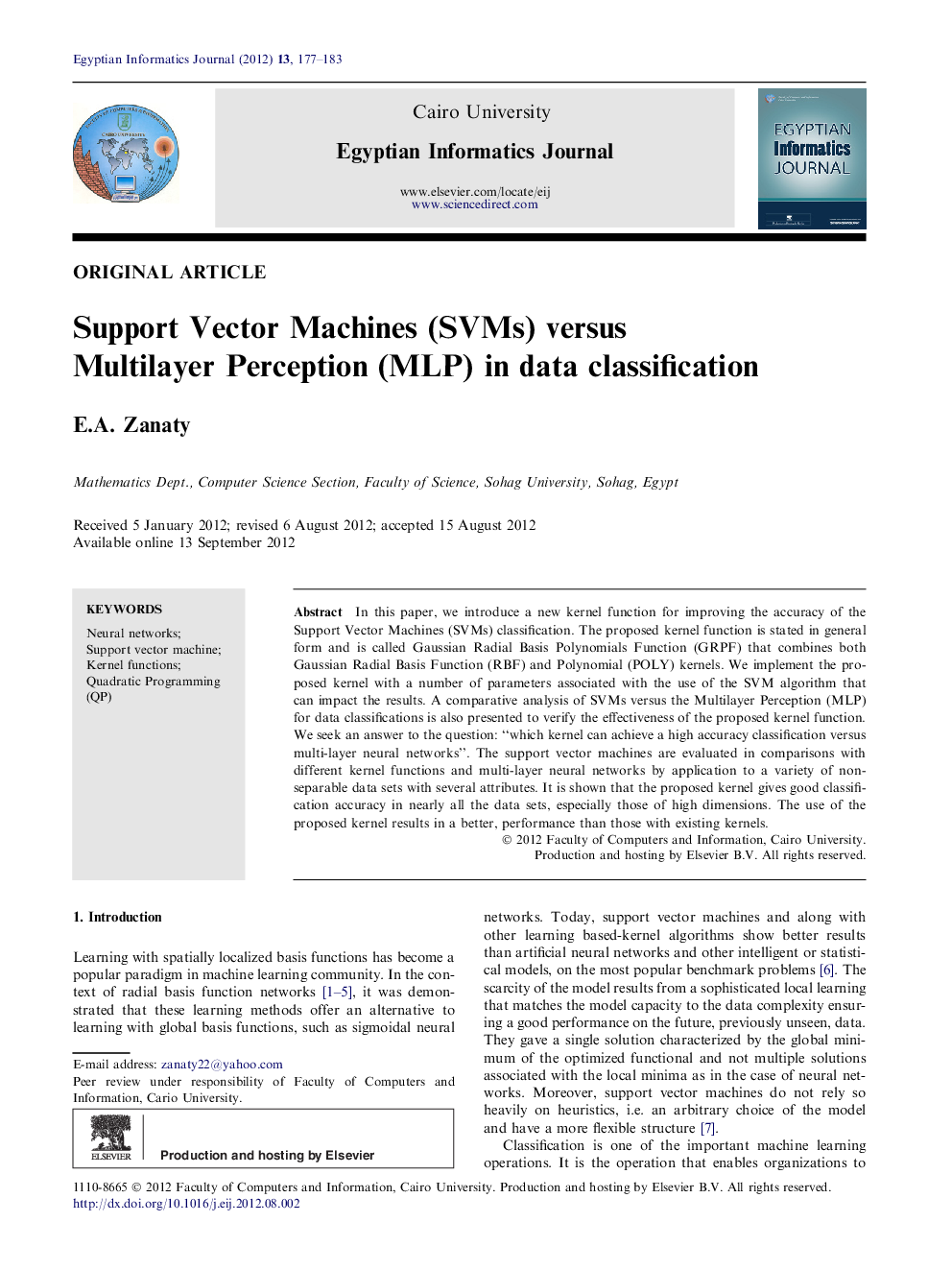 Support Vector Machines (SVMs) versus Multilayer Perception (MLP) in data classification 