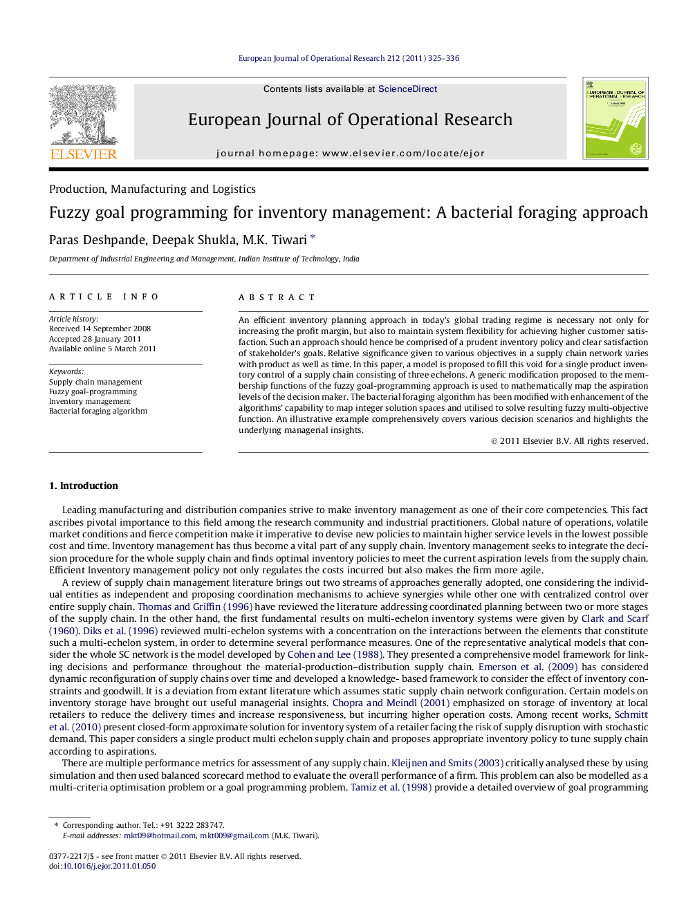 Fuzzy goal programming for inventory management: A bacterial foraging approach