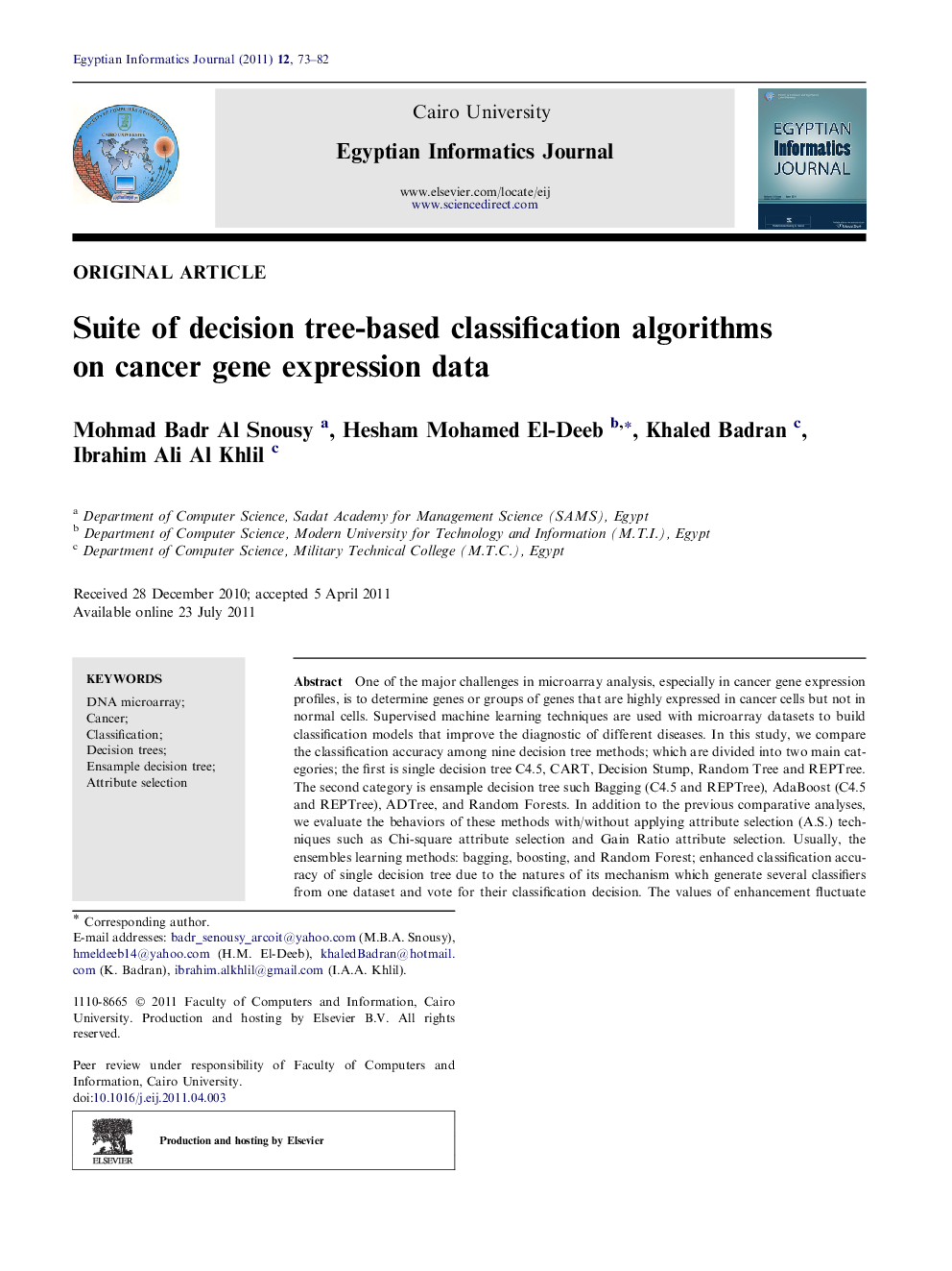 Suite of decision tree-based classification algorithms on cancer gene expression data