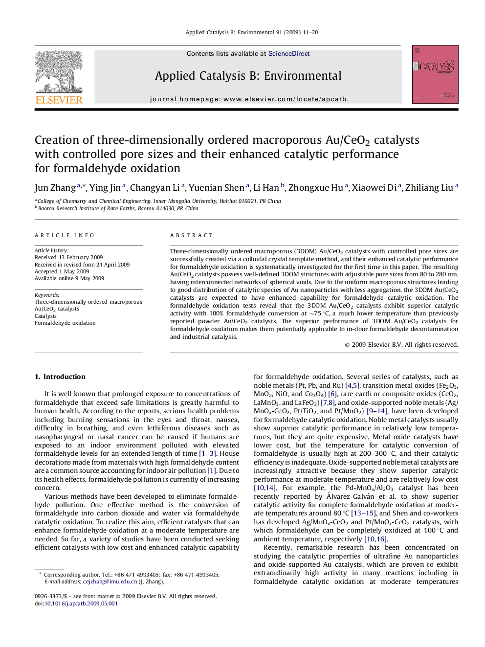 Creation of three-dimensionally ordered macroporous Au/CeO2 catalysts with controlled pore sizes and their enhanced catalytic performance for formaldehyde oxidation