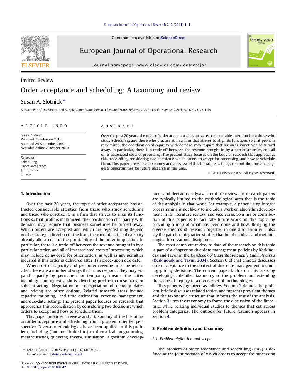 Order acceptance and scheduling: A taxonomy and review