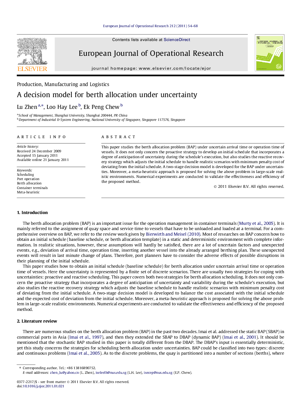 A decision model for berth allocation under uncertainty