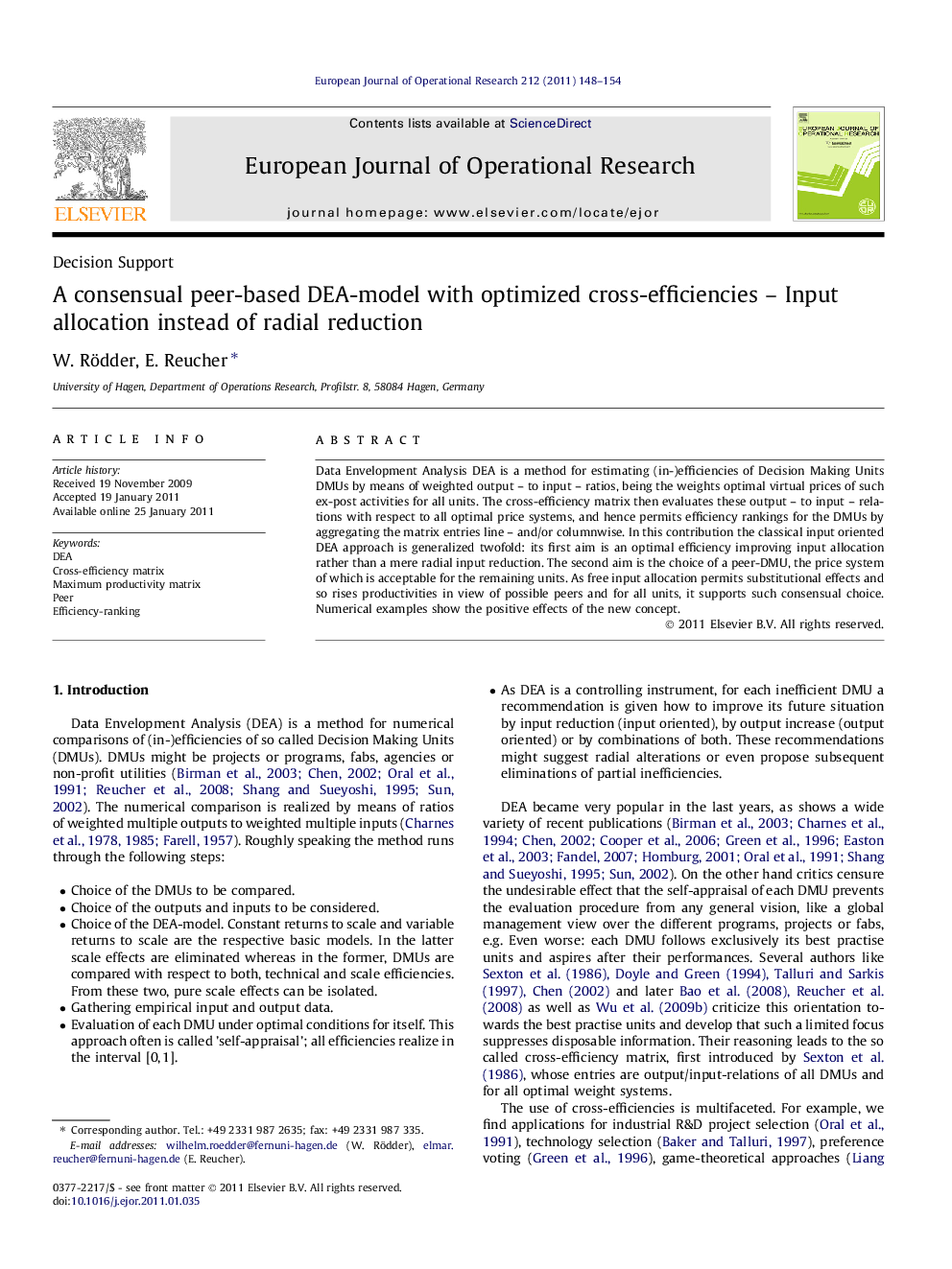 A consensual peer-based DEA-model with optimized cross-efficiencies – Input allocation instead of radial reduction