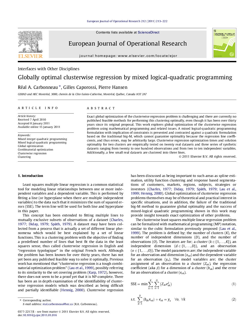 Globally optimal clusterwise regression by mixed logical-quadratic programming