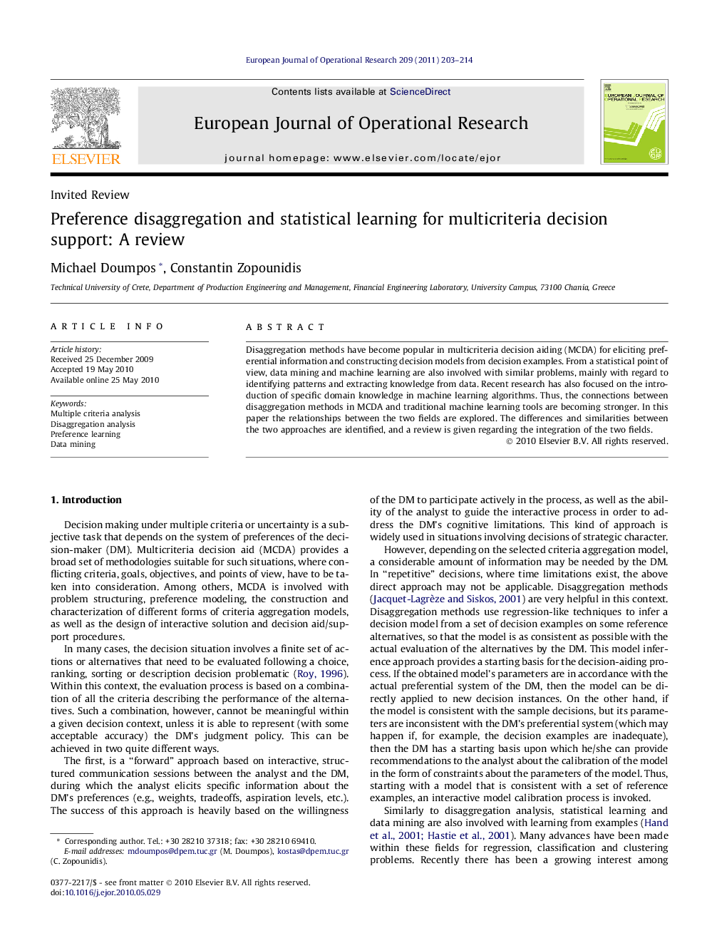 Preference disaggregation and statistical learning for multicriteria decision support: A review