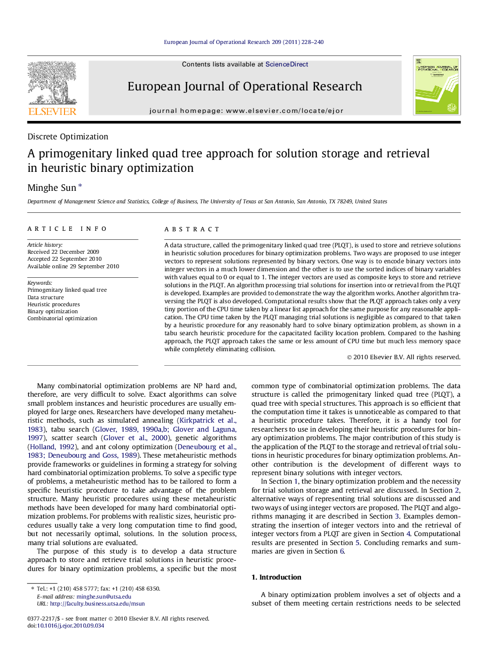 A primogenitary linked quad tree approach for solution storage and retrieval in heuristic binary optimization