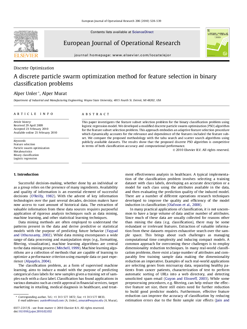 A discrete particle swarm optimization method for feature selection in binary classification problems