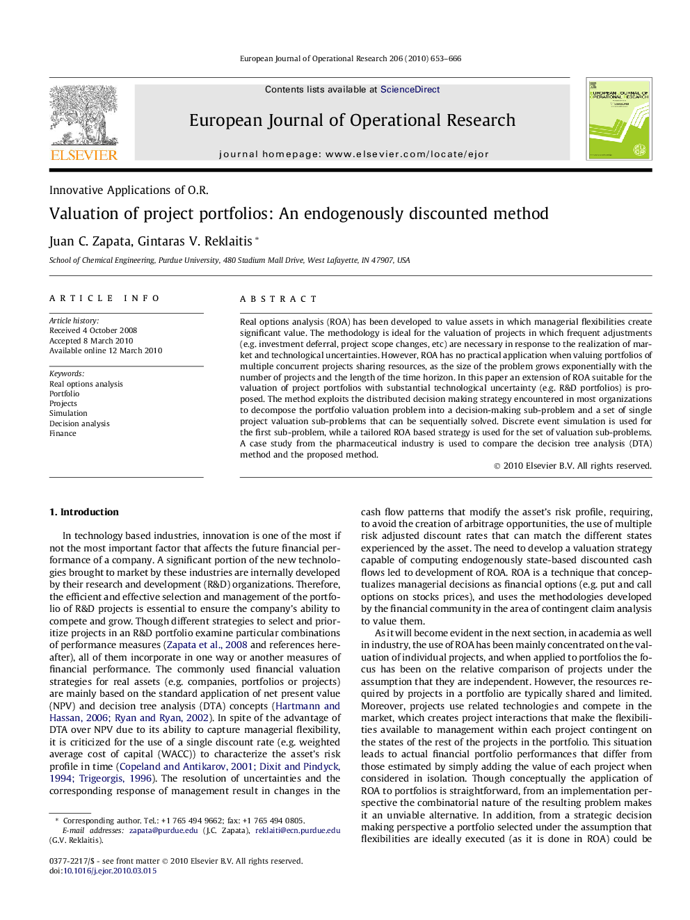 Valuation of project portfolios: An endogenously discounted method