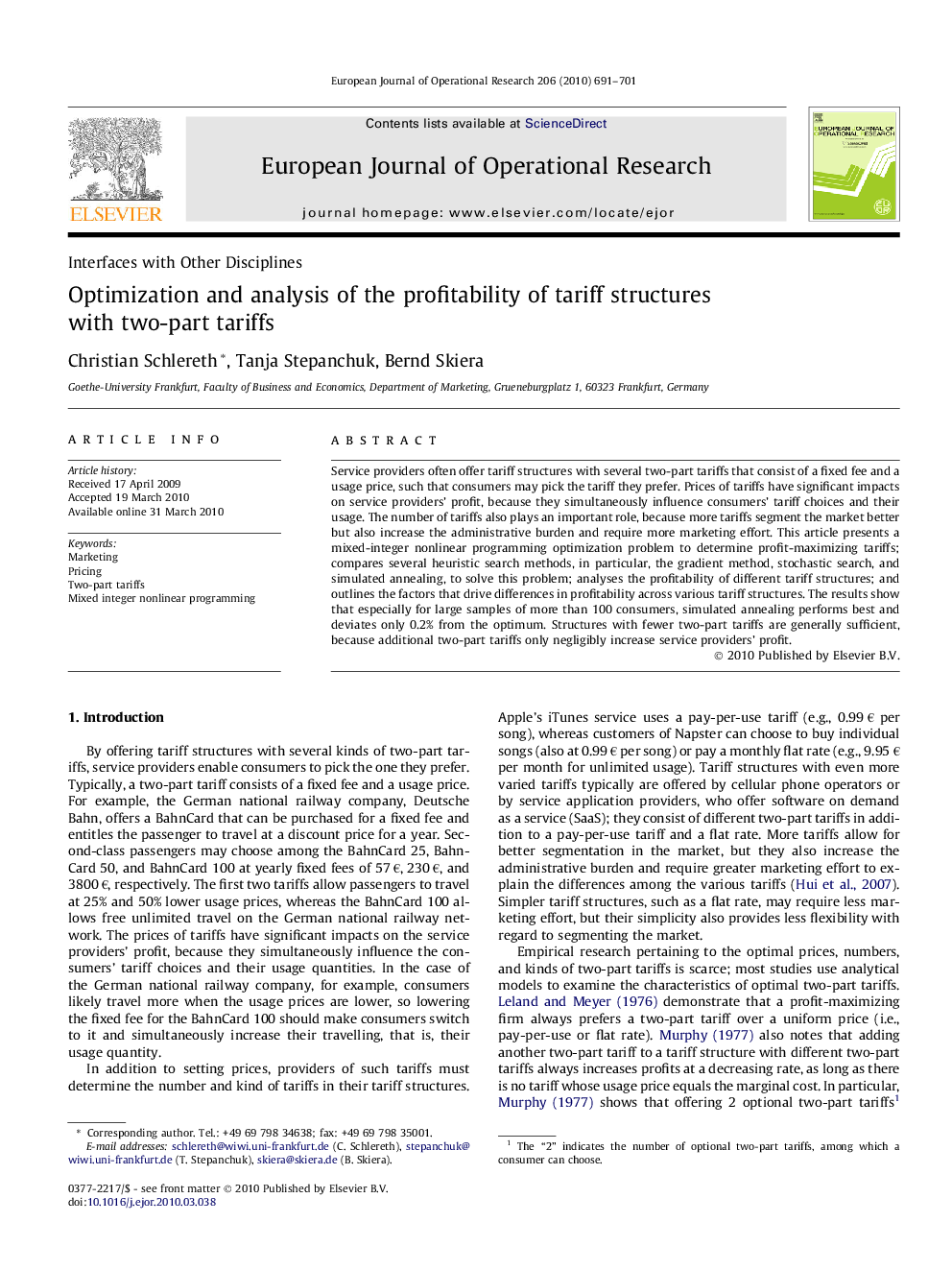 Optimization and analysis of the profitability of tariff structures with two-part tariffs