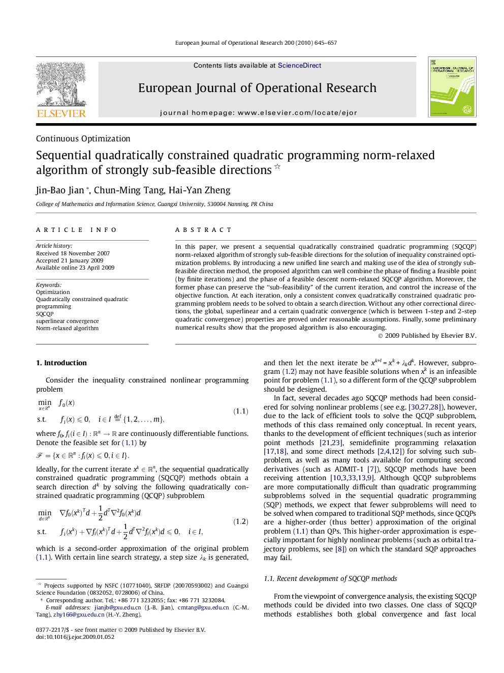 Sequential quadratically constrained quadratic programming norm-relaxed algorithm of strongly sub-feasible directions 