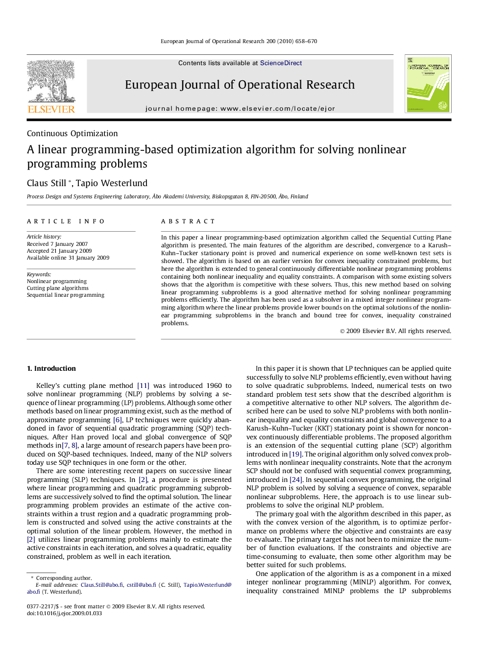 A linear programming-based optimization algorithm for solving nonlinear programming problems