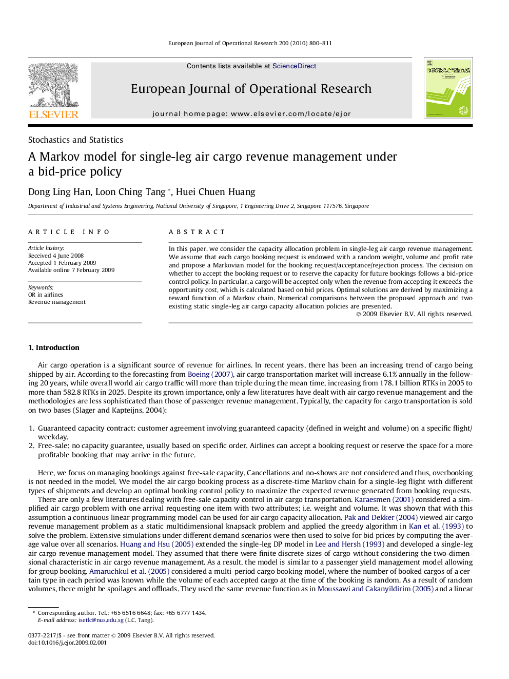 A Markov model for single-leg air cargo revenue management under a bid-price policy