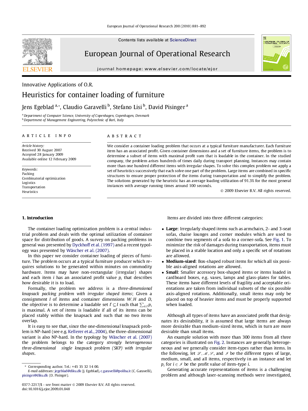 Heuristics for container loading of furniture