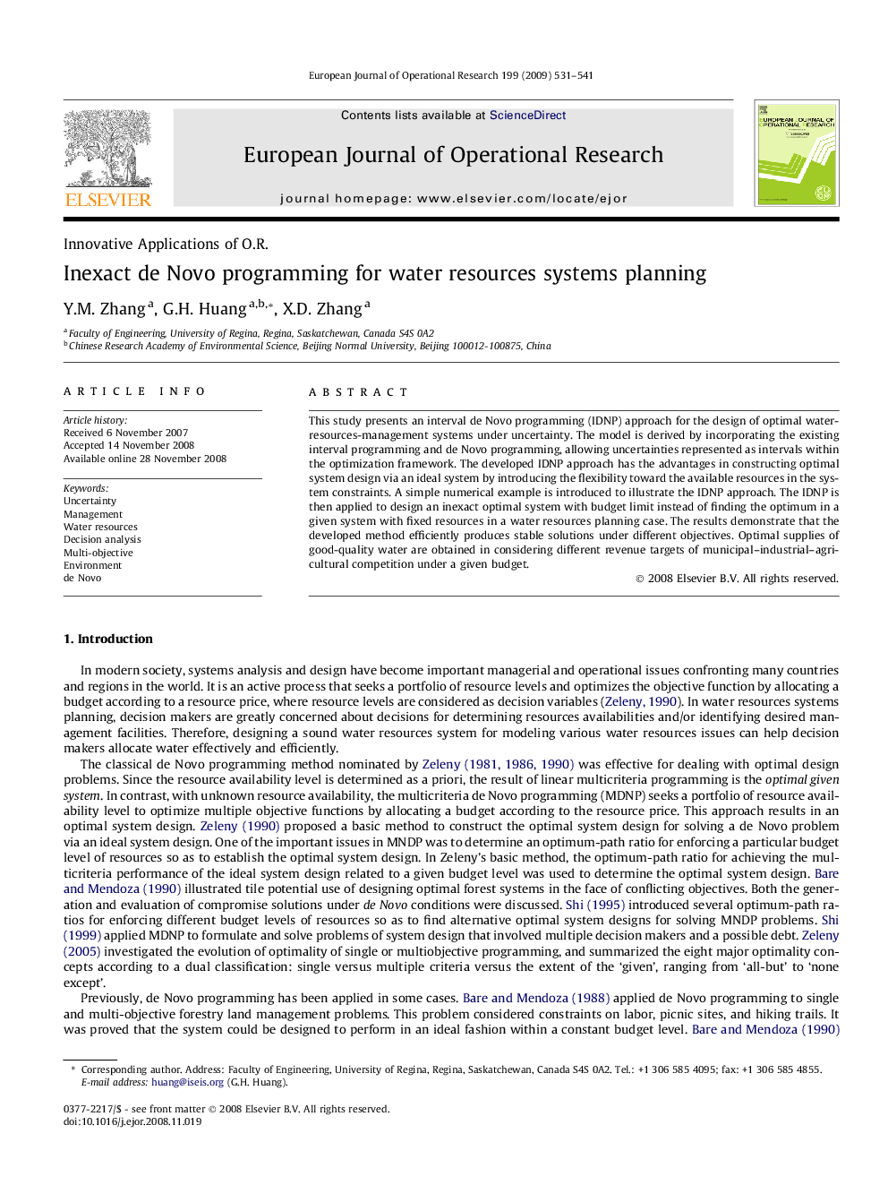 Inexact de Novo programming for water resources systems planning