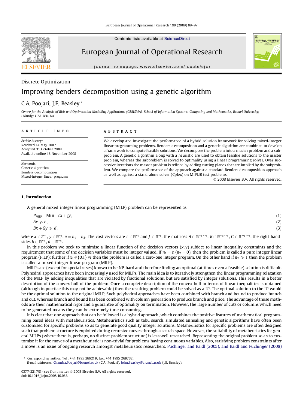 Improving benders decomposition using a genetic algorithm