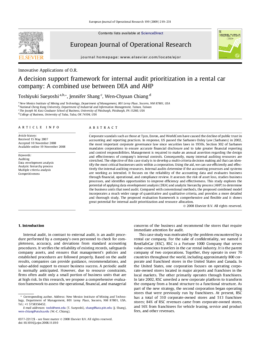 A decision support framework for internal audit prioritization in a rental car company: A combined use between DEA and AHP