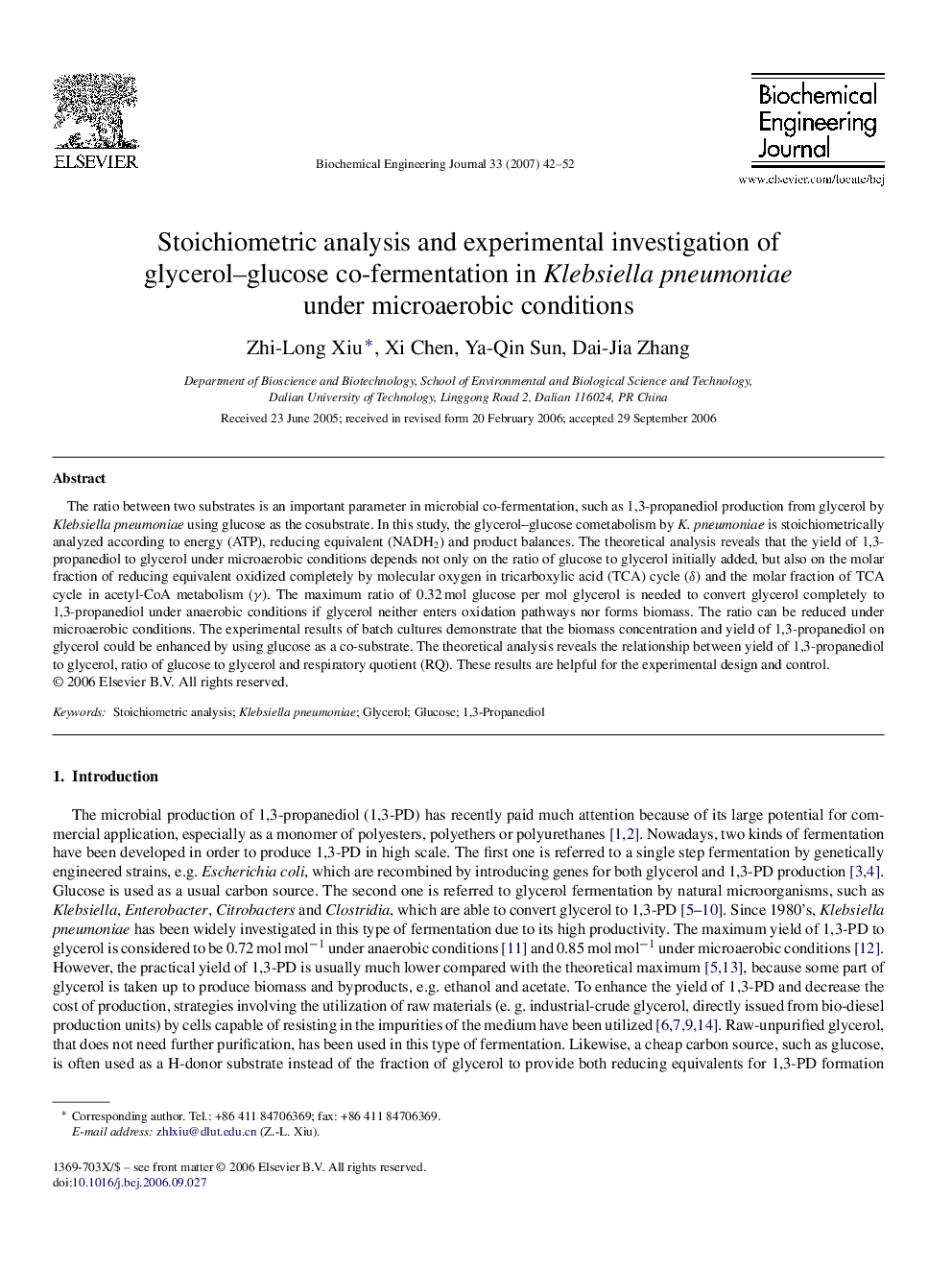Stoichiometric analysis and experimental investigation of glycerol–glucose co-fermentation in Klebsiella pneumoniae under microaerobic conditions