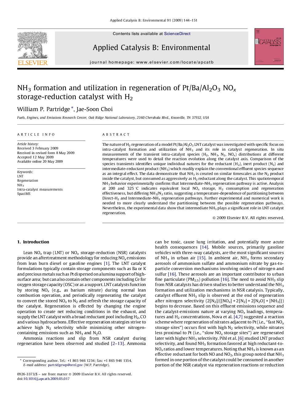 عکس صفحه اول مقاله: NH3 formation and utilization in regeneration of Pt/Ba/Al2O3 NOx storage-reduction catalyst with H2 NH3 formation and utilization in regeneration of Pt/Ba/Al2O3 NOx storage-reduction catalyst with H2