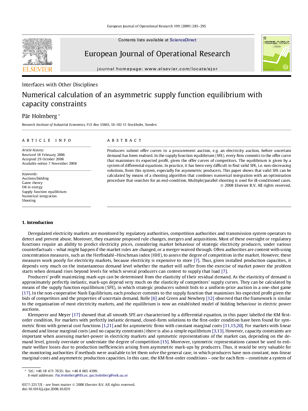 Numerical calculation of an asymmetric supply function equilibrium with capacity constraints