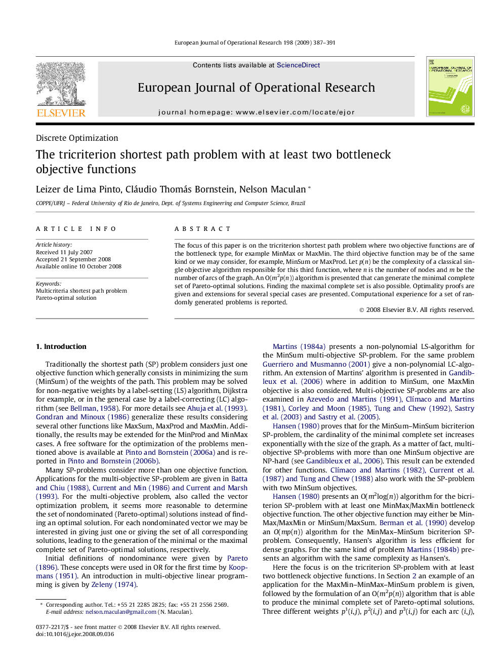 The tricriterion shortest path problem with at least two bottleneck objective functions