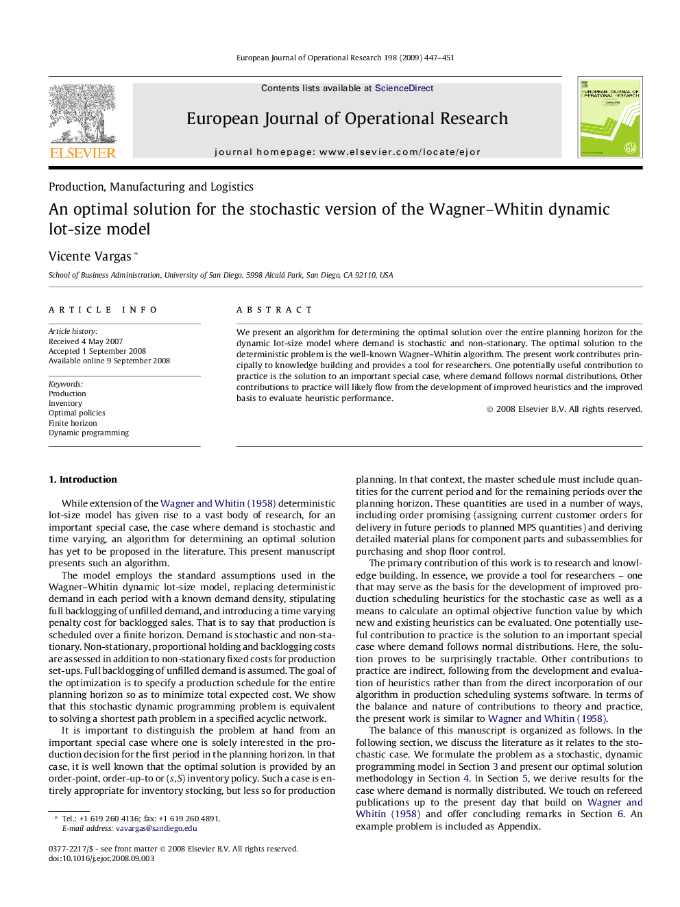 An optimal solution for the stochastic version of the Wagner–Whitin dynamic lot-size model