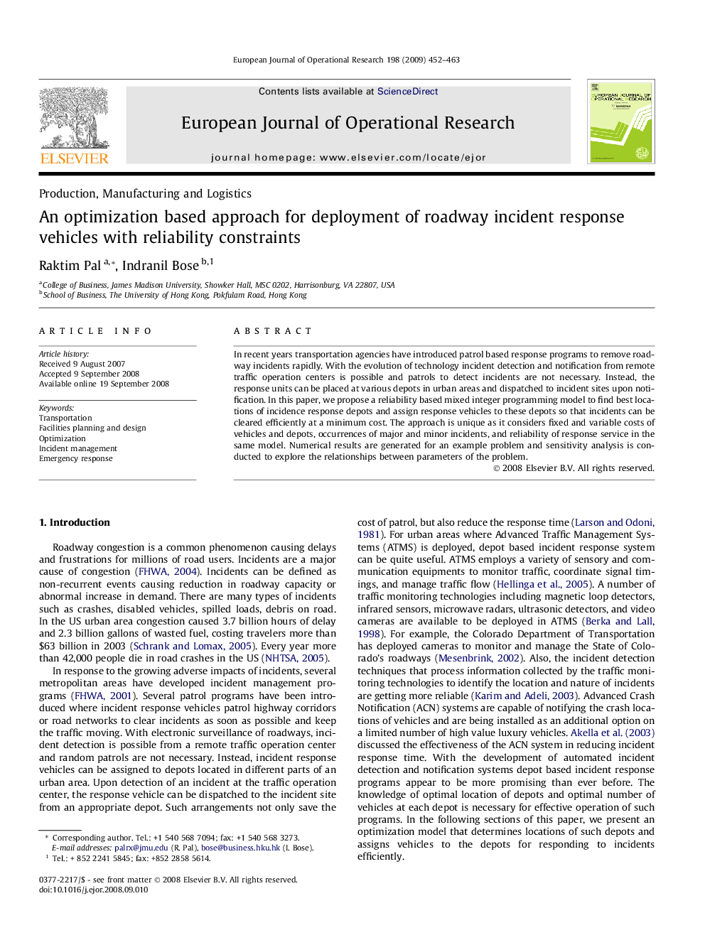 An optimization based approach for deployment of roadway incident response vehicles with reliability constraints