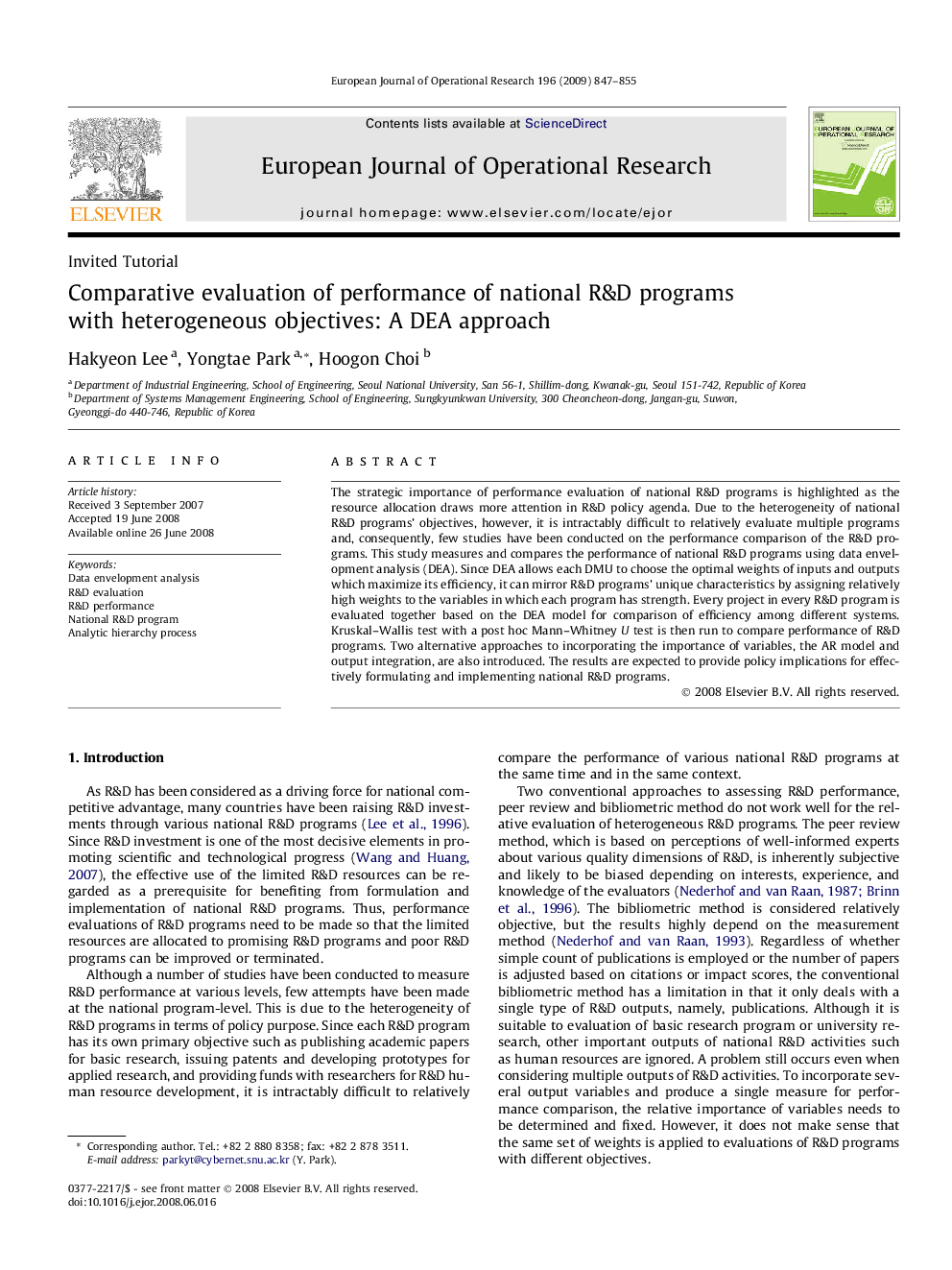 Comparative evaluation of performance of national R&D programs with heterogeneous objectives: A DEA approach