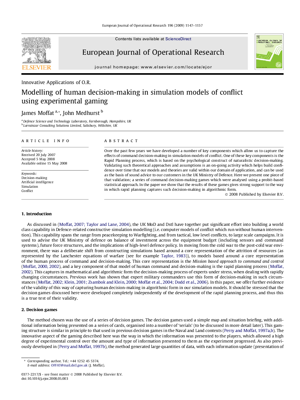 Modelling of human decision-making in simulation models of conflict using experimental gaming