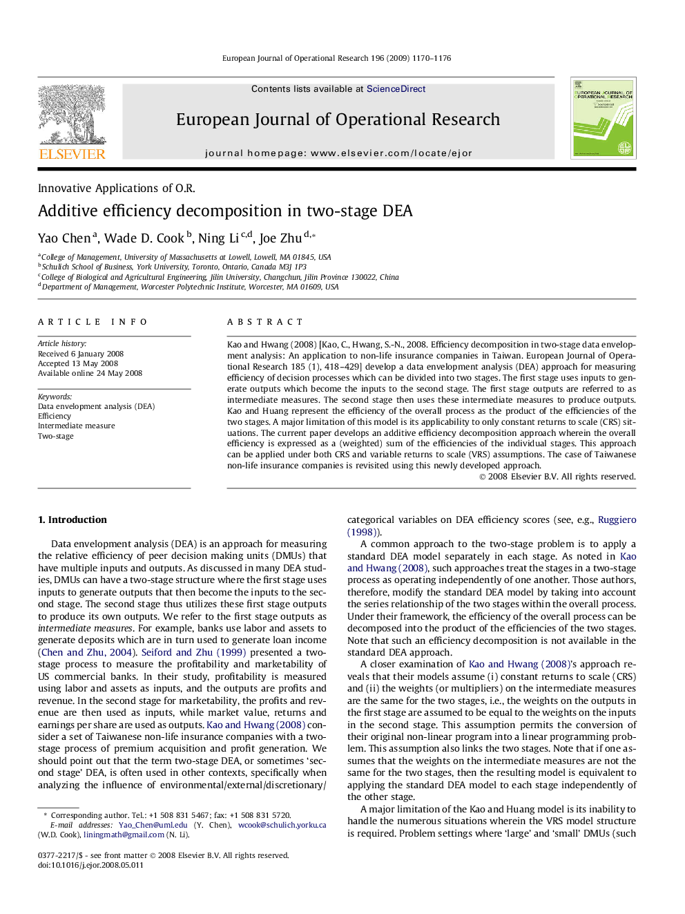 Additive efficiency decomposition in two-stage DEA