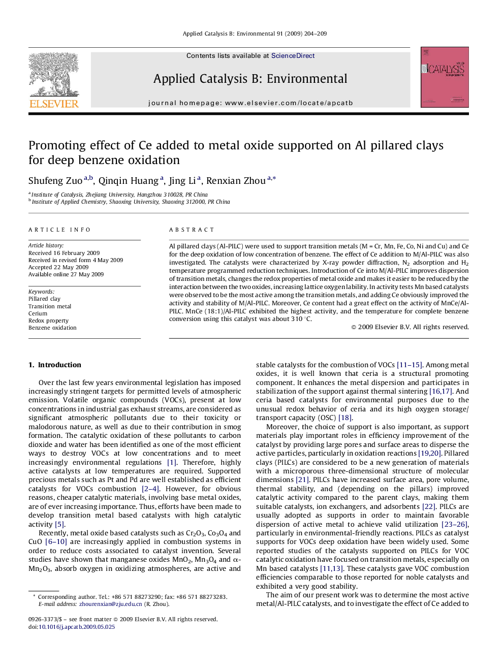 Promoting effect of Ce added to metal oxide supported on Al pillared clays for deep benzene oxidation