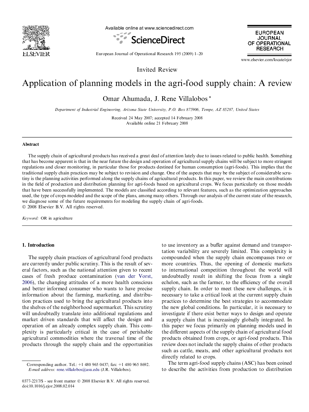 Application of planning models in the agri-food supply chain: A review