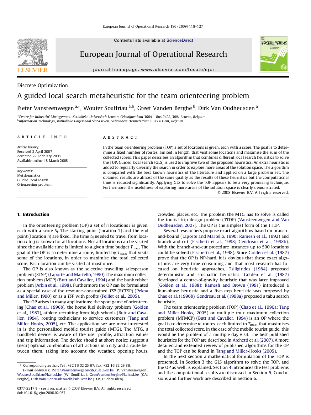 A guided local search metaheuristic for the team orienteering problem