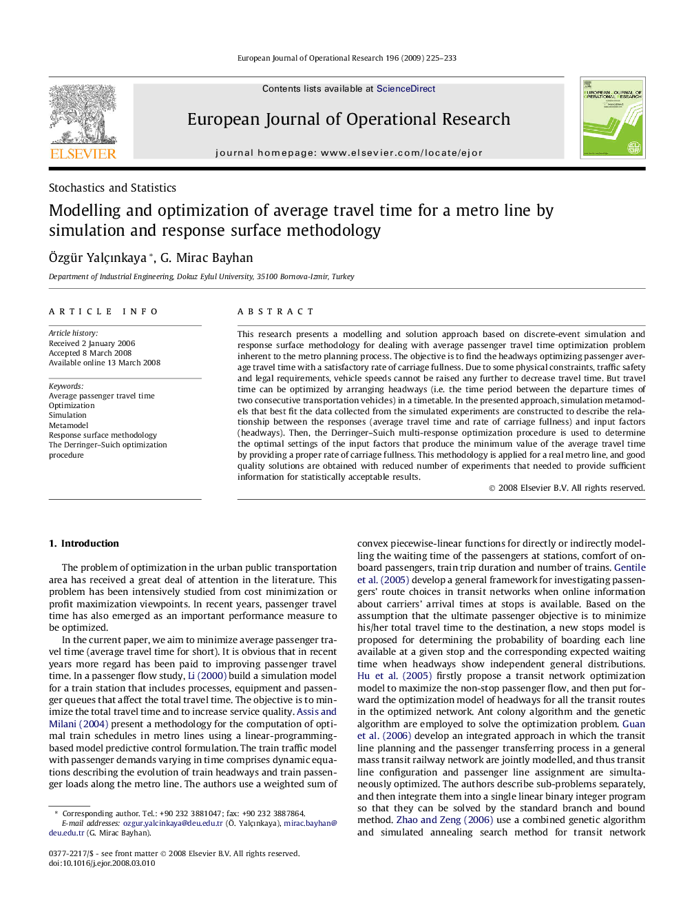 Modelling and optimization of average travel time for a metro line by simulation and response surface methodology