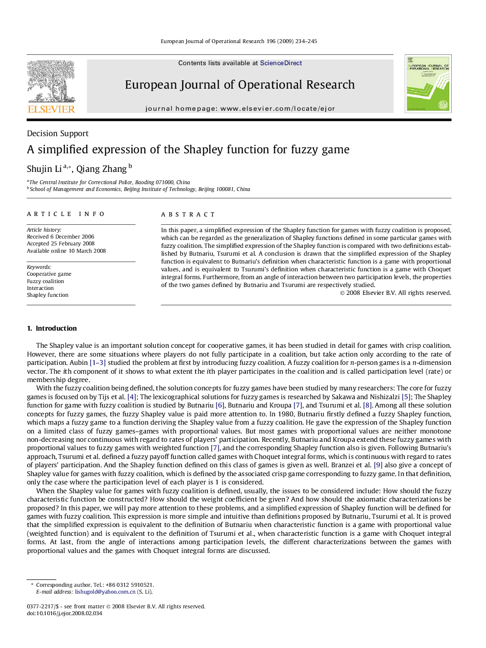 A simplified expression of the Shapley function for fuzzy game