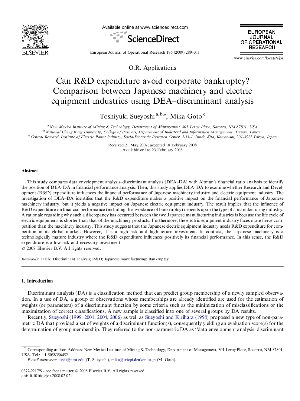 Can R&D expenditure avoid corporate bankruptcy? Comparison between Japanese machinery and electric equipment industries using DEA–discriminant analysis